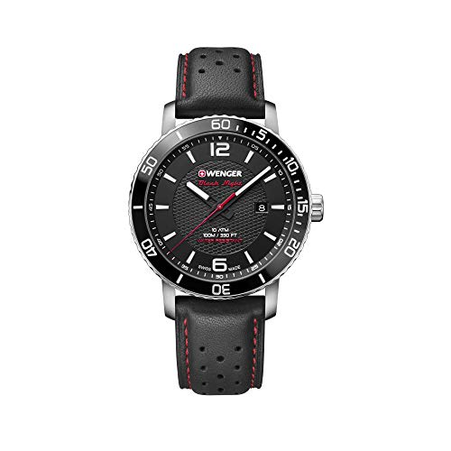 Wenger Herren Armbanduhr Roadster Black Night Ø 45mm, Swiss Made, Analog Quartz, Wasserdicht bis 100m, Lederarmband, Datum, Saphirglas, Schwarz, 01.1841.101 von WENGER