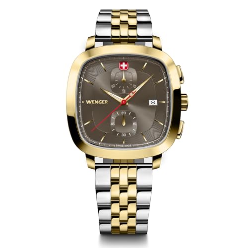 WENGER Herren Armbanduhr Vintage Classic Chrono Ø 40mm, Swiss Made, Analog Quarz, Wasserdicht bis 50m, Edelstahl-Armband, Braun/Silber/Gold, 01.1933.106 von WENGER