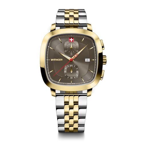 WENGER Herren Armbanduhr Vintage Classic Chrono Ø 40 mm, Swiss Made, Analog Quarz, Wasserdicht bis 50 m, Edelstahl-Armband, Braun/Silber/Gold, 01.1933.106 von WENGER