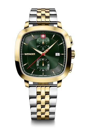 WENGER Herren Armbanduhr Vintage Classic Chrono Ø 40mm, Swiss Made, Analog Quarz, Wasserdicht bis 50m, Edelstahl-Armband, Grün/Silber/Gold, 01.1933.105 von WENGER