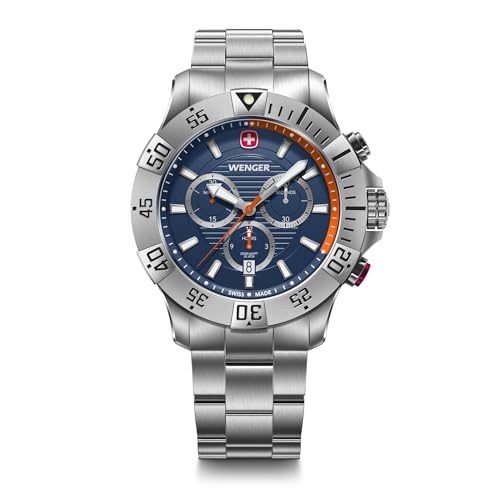 WENGER Herren Armbanduhr Seaforce Chronograph Ø 43 mm, Swiss Made, Analog Quarz, Wasserdicht bis 200 m, Edelstahl-Armband, Blau/Silber, 01.0643.125 von WENGER