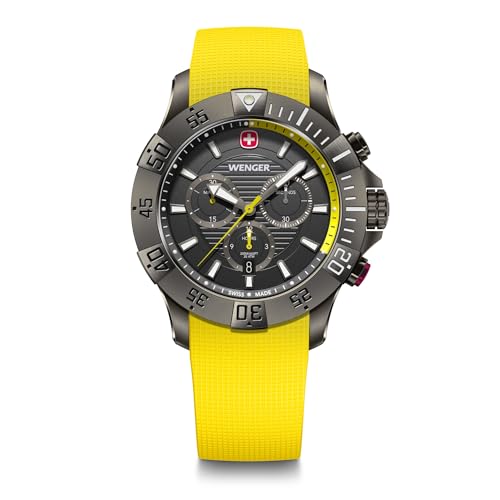 WENGER Herren Armbanduhr Seaforce Chronograph Ø 43 mm, Swiss Made, Analog Quarz, Wasserdicht bis 200 m, Silikon-Armband, Schwarz/Gelb, 01.0643.129 von WENGER