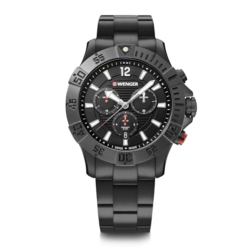 WENGER Herren Armbanduhr Seaforce Chronograph Ø 43mm, Swiss Made, Analog Quarz, Wasserdicht bis 200m, Edelstahl-Armband, Schwarz, 01.0643.121 von WENGER