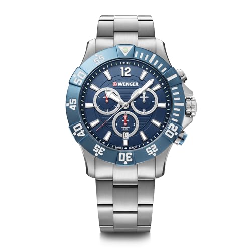 WENGER Herren Armbanduhr Seaforce Chronograph Ø 43mm, Swiss Made, Analog Quarz, Wasserdicht bis 200m, Edelstahl-Armband, Blau/Silber, 01.0643.119 von WENGER