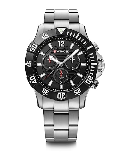 WENGER Herren Armbanduhr Seaforce Chronograph Ø 43mm, Swiss Made, Analog Quarz, Wasserdicht bis 200m, Edelstahl-Armband, Schwarz/Weiß/Silber, 01.0643.117 von WENGER