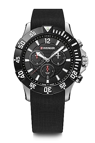 WENGER Herren Armbanduhr Seaforce Chronograph Ø 43mm, Swiss Made, Analog Quarz, Wasserdicht bis 200m, Silikon-Armband, Schwarz, 01.0643.118 von WENGER