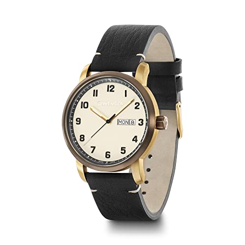 WENGER Herren Armbanduhr Attitude Ø 42mm, Swiss Made, Analog Quarz, Wasserdicht bis 100m, Leder-Armband, Creme/Gold/Schwarz, 01.1541.124 von WENGER