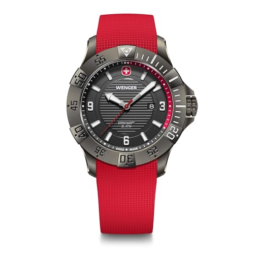 WENGER Herren Armbanduhr Seaforce, Ø 43 mm, Swiss Made, Analog Quarz, Wasserdicht bis 200 m, Silikon-Armband, Schwarz/Rot, 01.0641.144 von WENGER