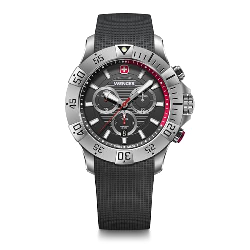 WENGER Herren Armbanduhr Seaforce Chronograph Ø 43 mm, Swiss Made, Analog Quarz, Wasserdicht bis 200 m, Silikon-Armband, Schwarz, 01.0643.122 von WENGER