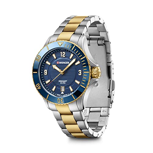 WENGER Unisex Armbanduhr Seaforce Small Ø 35mm, Swiss Made, Analog Quarz, Wasserdicht bis 200m, Edelstahl-Armband, Blau/Gold/Silber, 01.0621.114 von WENGER