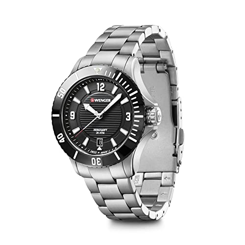 WENGER Unisex Armbanduhr Seaforce Small Ø 35mm, Swiss Made, Analog Quarz, Wasserdicht bis 200m, Edelstahl-Armband, Schwarz/Silber, 01.0621.109 von WENGER