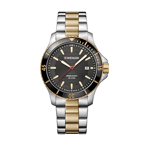 WENGER Herren Armbanduhr Seaforce Ø 43mm, Swiss Made, Analog Quarz, Wasserdicht bis 200m, Edelstahl-Armband, Gold/Silber/Schwarz, 01.0641.127 von WENGER