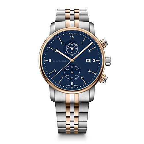 WENGER Herren Armbanduhr Urban Classic Chronograph Ø 42mm, Swiss Made, Analog Quarz, Wasserdicht bis 100m, Edelstahl-Armband, Blau/Gold/Silber, 01.1743.126 von WENGER