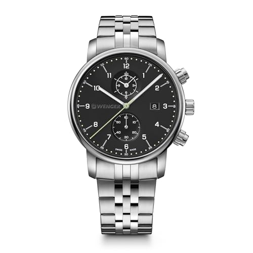 WENGER Herren Armbanduhr Urban Classic Chronograph Ø 42mm, Swiss Made, Analog Quarz, Wasserdicht bis 100m, Edelstahl-Armband, Silber/Schwarz, 01.1743.122 von WENGER