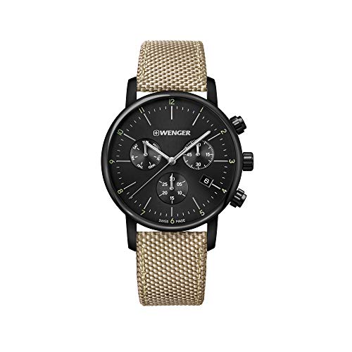 WENGER Herren Armbanduhr Urban Classic Chronograph Ø 44mm, Swiss Made, Analog Quarz, Wasserdicht bis 100m, Stoff Armband, Schwarz/Sand, 01.1743.117 von WENGER