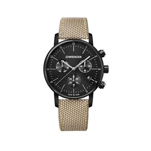 WENGER Herren Armbanduhr Urban Classic Chronograph Ø 44 mm, Swiss Made, Analog Quarz, Wasserdicht bis 100 m, Stoff-Armband, Schwarz/Sand, 01.1743.117 WENGER Herren Armbanduhr Urban Classic Chronograph Ø 44 mm, Swiss Made, Analog Quarz, Wasserdicht bis 100 m, Stoff-Armband, Schwarz/Sand, 01.1743.117 von WENGER