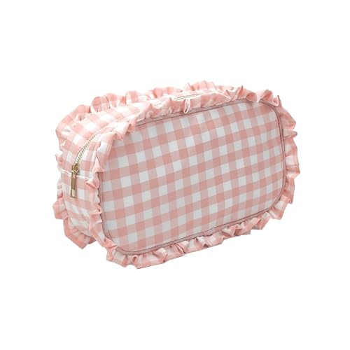 WENH 1pc Rüsche Plaid Kosmetik Tasche Personalisierte Nylon Rosa Kulturbeutel Reise Kosmetik Make-Up Tasche Organizer Braut Party Geschenk(M) von WENH