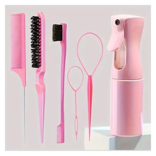 WENH 6 stücke Haar Pinsel Set Spray Flasche Haar Flechten Schleife Ratte Schwanz Kamm Necken Haar Brsuh Rand Haar Pinsel Lockiges haar Zubehör(Pink) von WENH