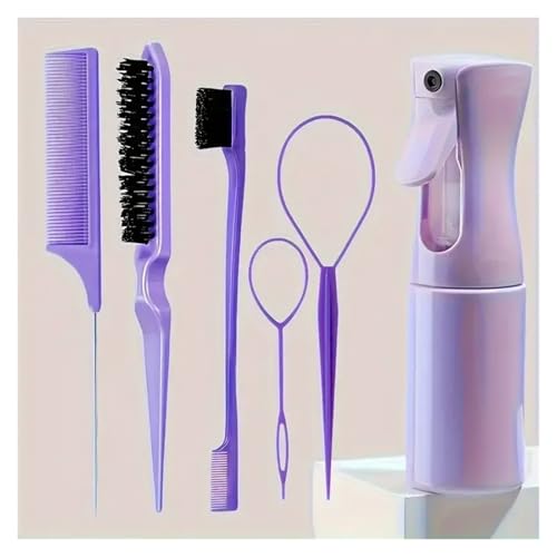 WENH 6 stücke Haar Pinsel Set Spray Flasche Haar Flechten Schleife Ratte Schwanz Kamm Necken Haar Brsuh Rand Haar Pinsel Lockiges haar Zubehör(Purple) von WENH