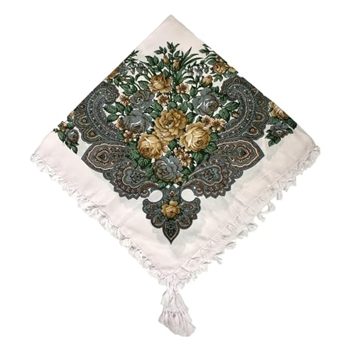 WENH 90 * 90 cm Russischen Nationalen Schal Frauen Retro Blumenmuster Tücher Russische Quadratische Schals Babuschka Kopftuch Hijab Wraps(White Green) von WENH