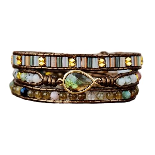 WENH Damen Ethno Leder Wickelarmband Strass Mondstein Perlen 3 Stränge Armband Boho Schmuck(Labradorite) von WENH
