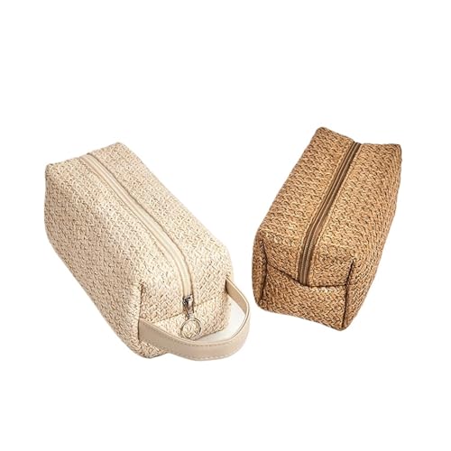 WENH Stroh-Make-up-Taschen for Damen und Mädchen, hübscher Kulturbeutel, Trendiger Organizer, Aufbewahrungstasche for Strand-Reiseutensilien(Khaki) von WENH