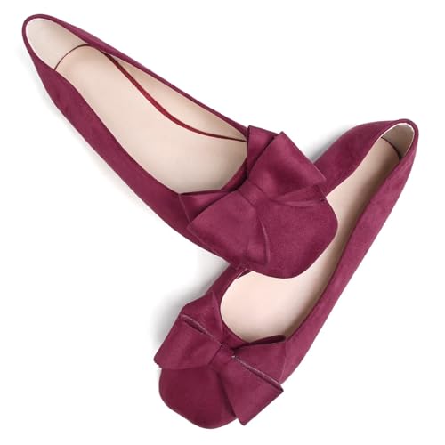 WENJIAZHIZHI Damen-Ballerinas mit quadratischer Zehenpartie, Schleife, bequem, zum Reinschlüpfen, elegant, lässig, mit Fliege, flache Schuhe, A-Wine Rot, 38.5 EU von WENJIAZHIZHI