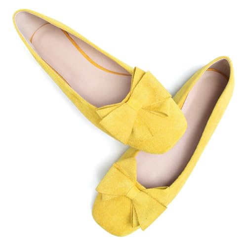 WENJIAZHIZHI Damen-Ballerinas mit quadratischer Zehenpartie, Schleife, bequem, zum Reinschlüpfen, elegant, lässig, mit Fliege, flache Schuhe, A-Zitronengelb, 42 EU von WENJIAZHIZHI