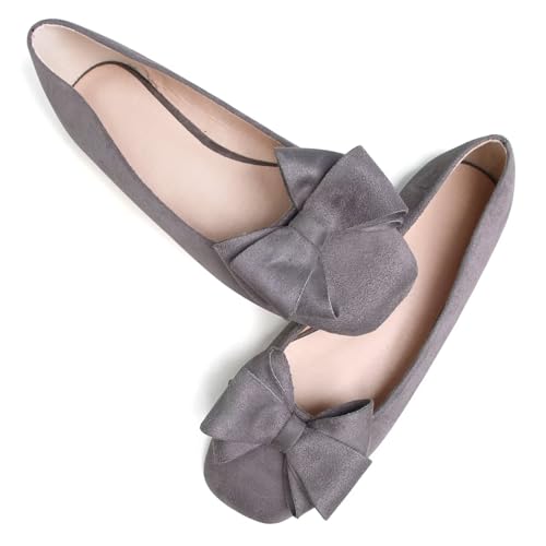WENJIAZHIZHI Damen-Ballerinas mit quadratischer Zehenpartie, Schleife, bequem, zum Reinschlüpfen, elegant, lässig, mit Fliege, flache Schuhe, A-grau, 42 EU von WENJIAZHIZHI