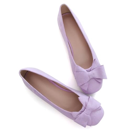 WENJIAZHIZHI Damen-Ballerinas mit quadratischer Zehenpartie, Schleife, bequem, zum Reinschlüpfen, elegant, lässig, mit Fliege, flache Schuhe, A-light Purple, 39.5 EU von WENJIAZHIZHI
