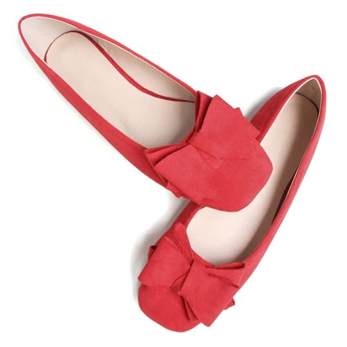 WENJIAZHIZHI Damen-Ballerinas mit quadratischer Zehenpartie, Schleife, bequem, zum Reinschlüpfen, elegant, lässig, mit Fliege, flache Schuhe, J259-red, 38 EU von WENJIAZHIZHI