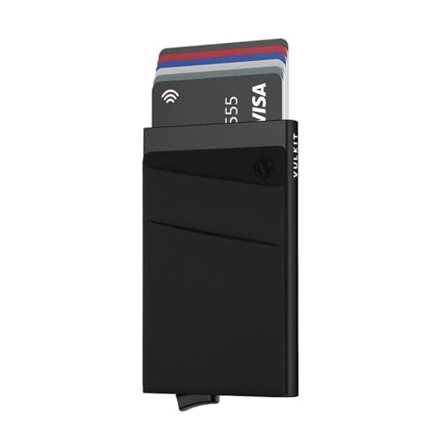 WENJION Kreditkartenetui – Automatischer Card Holder Aus Aluminium Mit Pop-Up Funktion – Slim Kartenetui Für Bankkarten Und Ausweise – Schwarz 98×60×9mm von WENJION
