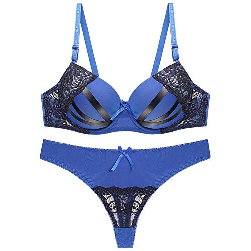 Set aus BH und Höschen in Übergröße, Damen-Push-up-BHs und bequemes Tanga-Set mit Spitze bedruckt mit Blumenmuster (Farbe: Blau, Größe: 95C) von WENJUN