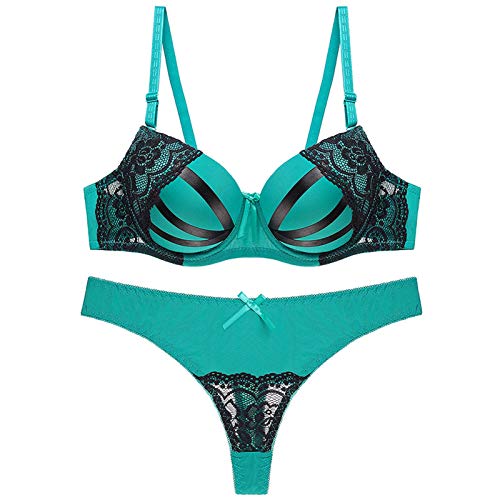 Set aus BH und Höschen in Übergröße, Damen-Push-up-BHs und bequemes Tanga-Set mit Spitze bedruckt mit Blumenmuster (Farbe: Grün, Größe: 80B) von WENJUN