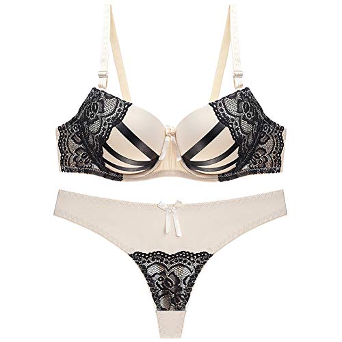 Set aus BH und Höschen in Übergröße, Damen-Push-up-BHs und bequemes Tanga-Set mit Spitze bedruckt mit Blumenmuster (Farbe: Hautton, Größe: 90B) von WENJUN