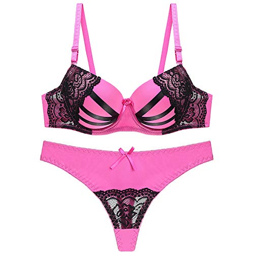 Set aus BH und Höschen in Übergröße, Damen-Push-up-BHs und bequemes Tanga-Set mit Spitze bedruckt mit Blumenmuster (Farbe: Rosa, Größe: 85C) von WENJUN