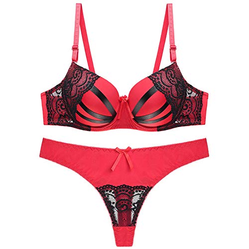 Set aus BH und Höschen in Übergröße, Damen-Push-up-BHs und bequemes Tanga-Set mit Spitze bedruckt mit Blumenmuster (Farbe: Rot, Größe: 80B) von WENJUN