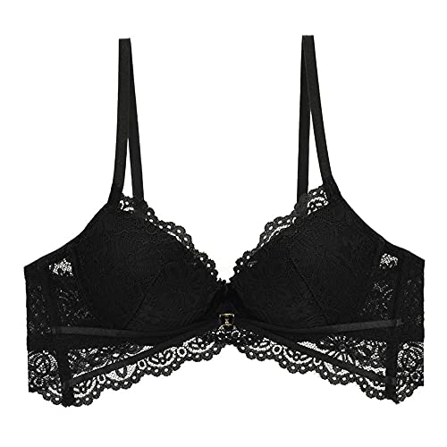 WENJUN Damen Sexy Spitzenbralette, nicht gepolsterter, verstellbarer Riemen, Alltags-BH, Bügel, Push-Up-BH (Farbe: Schwarz, Größe: 75A) von WENJUN