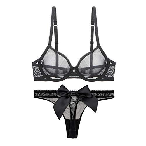 WENJUN Frauen durchsichtiges BH und Tanga-Set, transparentes Netzgewebe, sexy Unterwäsche, Push-Up-BH, Alltags-BH, 2-teilig (Farbe: Schwarz, Größe: 75A) von WENJUN