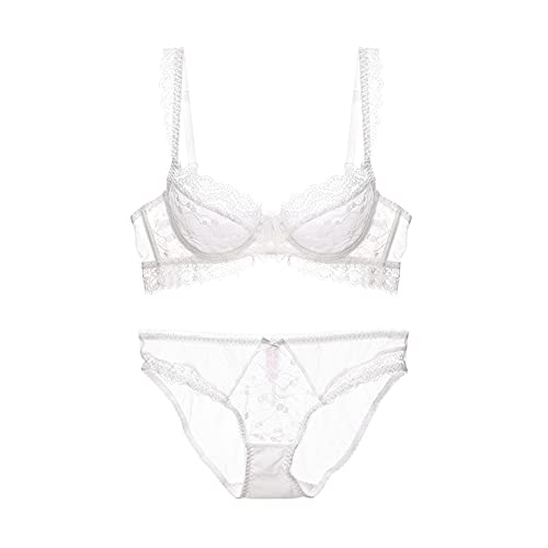 WENJUN Damen-Bralette mit Blumenmuster, Spitze, durchsichtig, Bügel, Push-Up-Dessous, BH und Panty-Set, 2-teilig, ungepolstert, für den Alltag (Farbe: Weiß, Größe: 75A) von WENJUNfuzhuang