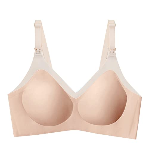 WENJUN Damen Bügelloser Still-BH, Mutterschaft Alltag Schlaf BH zum Stillen, V Ausschnitt Schwangerschaft Bralette Unterwäsche (Farbe: Hautton, Größe: 80E) von WENJUNfuzhuang