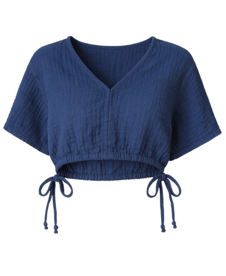 WENOR Crop-Top Musselin Bluse Cropped-Oberteil mit Tunnelzug und V-Ausschnitt Elastischer Bund mit Kordelzug, Überschnittene Schultern WENOR Crop-Top Musselin Bluse Cropped-Oberteil mit Tunnelzug und V-Ausschnitt Elastischer Bund mit Kordelzug, Überschnittene Schultern von WENOR