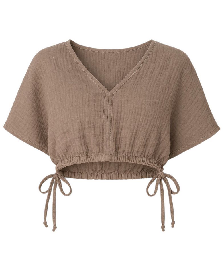 WENOR Crop-Top Musselin Bluse Cropped-Oberteil mit Tunnelzug und V-Ausschnitt Elastischer Bund mit Kordelzug, Überschnittene Schultern von WENOR