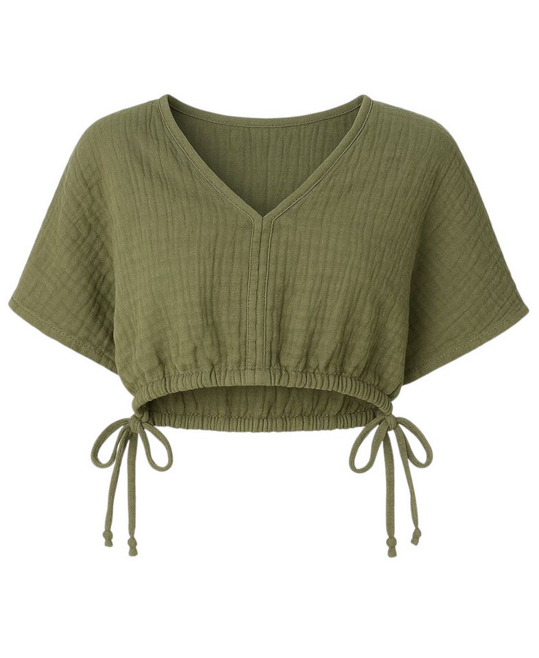 WENOR Crop-Top Musselin Bluse Cropped-Oberteil mit Tunnelzug und V-Ausschnitt Elastischer Bund mit Kordelzug, Überschnittene Schultern von WENOR