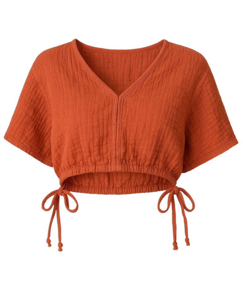 WENOR Crop-Top Musselin Bluse Cropped-Oberteil mit Tunnelzug und V-Ausschnitt Elastischer Bund mit Kordelzug, Überschnittene Schultern WENOR Crop-Top Musselin Bluse Cropped-Oberteil mit Tunnelzug und V-Ausschnitt Elastischer Bund mit Kordelzug, Überschnittene Schultern von WENOR