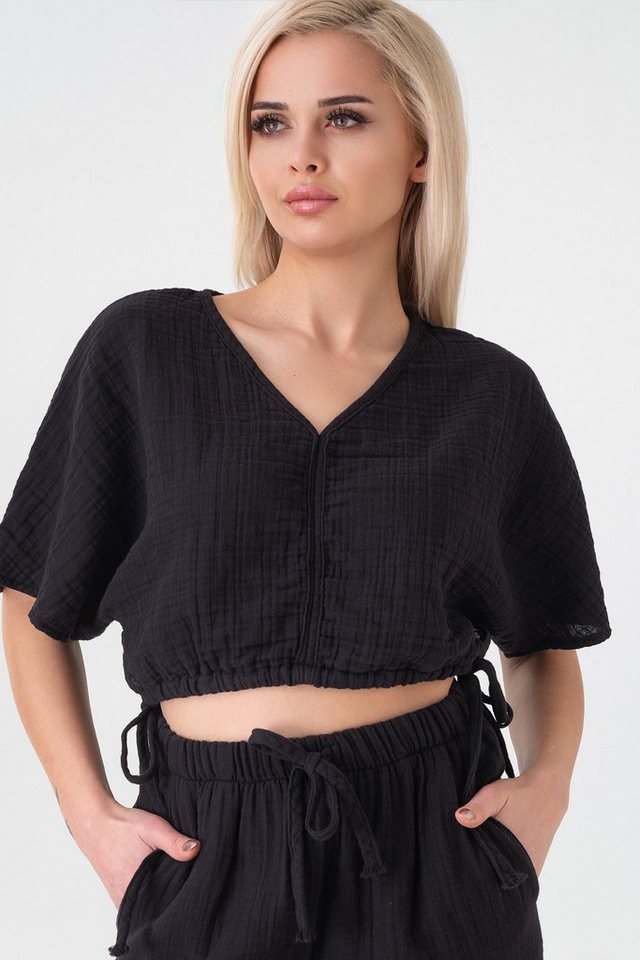 WENOR Crop-Top Musselin Bluse Cropped-Oberteil mit Tunnelzug und V-Ausschnitt Elastischer Bund mit Kordelzug, Überschnittene Schultern von WENOR