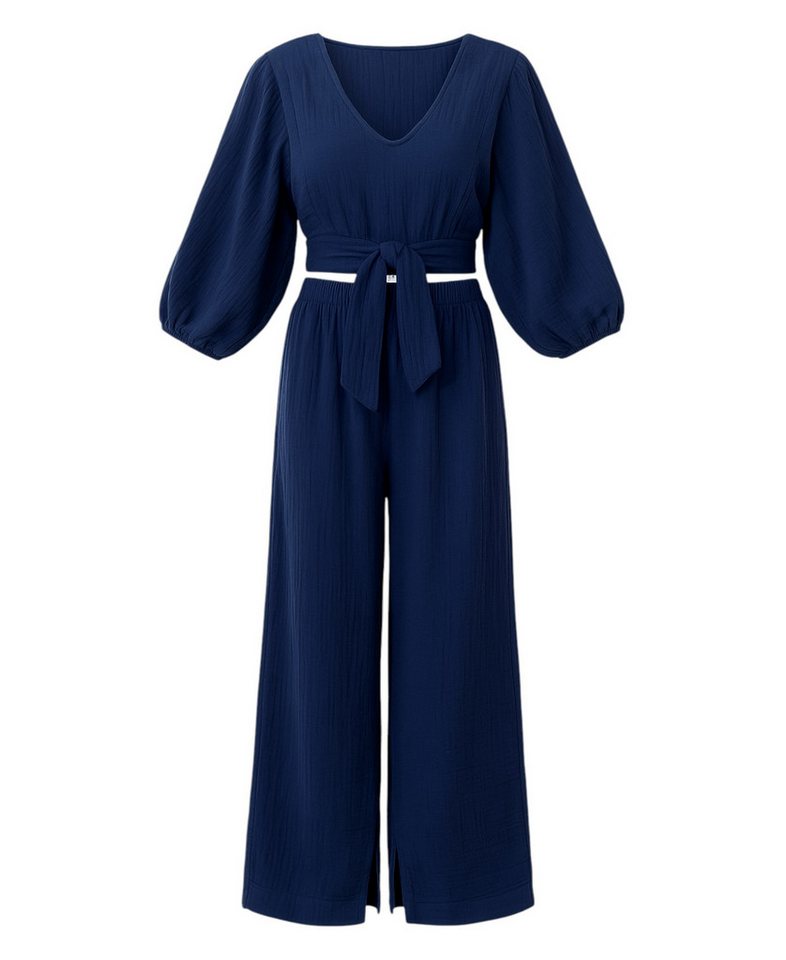 WENOR Crop-Top Set Damen Musselin-Zweiteiler mit Hose, Wickel-Top & V-Ausschnitt (2-tlg., Zweiteiliges Set) Bindeband vorn, Raffdetails an Schultern von WENOR