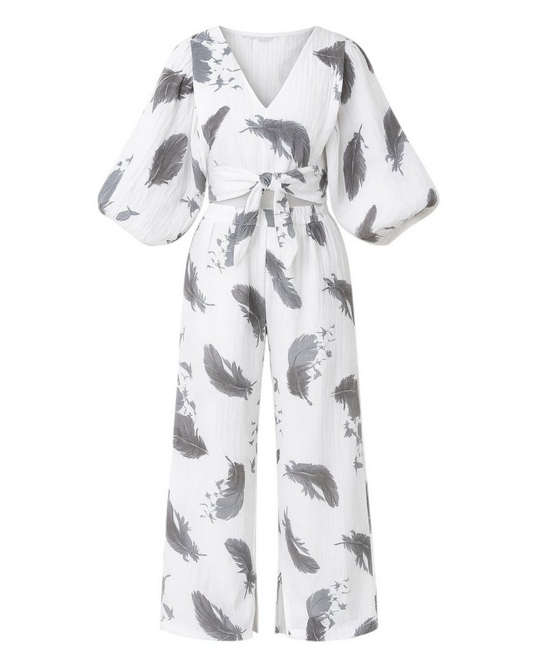 WENOR Crop-Top Set Damen Musselin-Zweiteiler mit Hose, Wickel-Top & V-Ausschnitt (2-tlg., Zweiteiliges Set) Bindeband vorn, Raffdetails an Schultern von WENOR