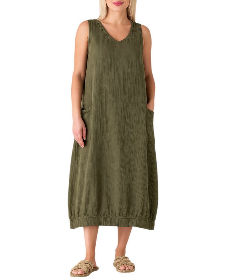 WENOR Sommerkleid Damen Musselin Strandkleid ärmellos 100 % Baumwolle mit Taschen Ballon-Saum, große Taschen, Einheitsgröße von WENOR