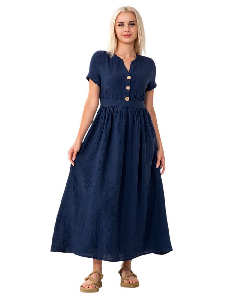 WENOR Sommerkleid Musselin Boho Kleid mit Knopfleiste & Taillenband, Freizeitkleid (1-tlg) Vorn mit Holzknöpfen, Bindegürtel an der Taille von WENOR